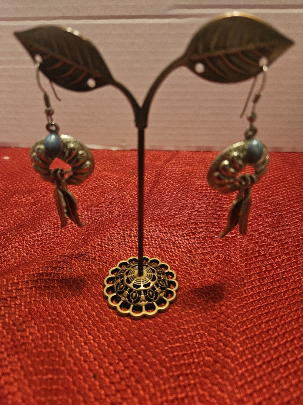 Vintage Brass Knot Drop Earrings with Blue Accent Bead